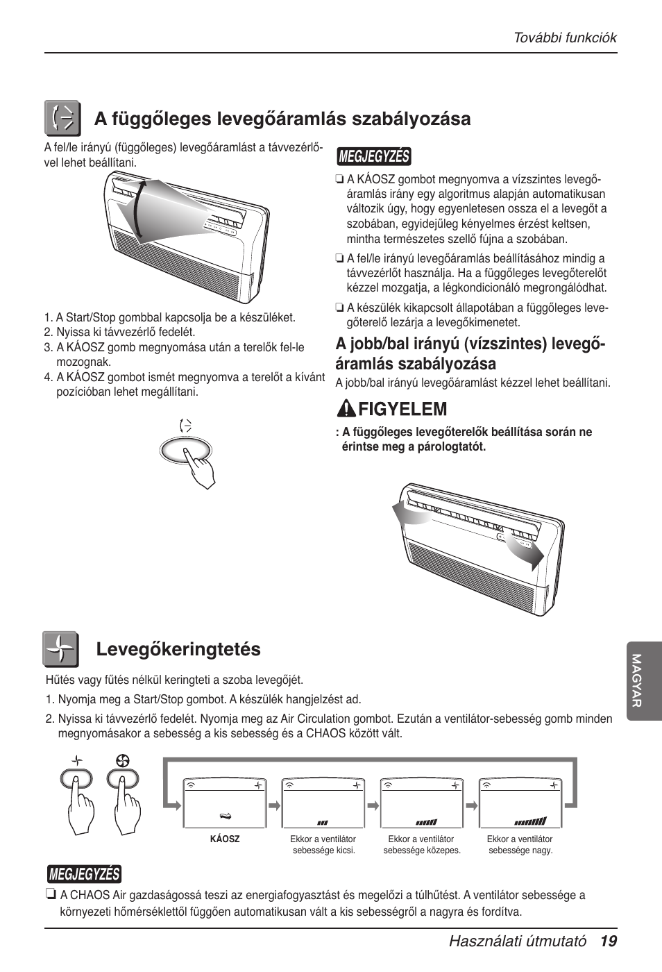A függőleges levegőáramlás szabályozása, Levegőkeringtetés, Megjegyzés | Használati útmutató 19 | LG MV12AH User Manual | Page 191 / 413