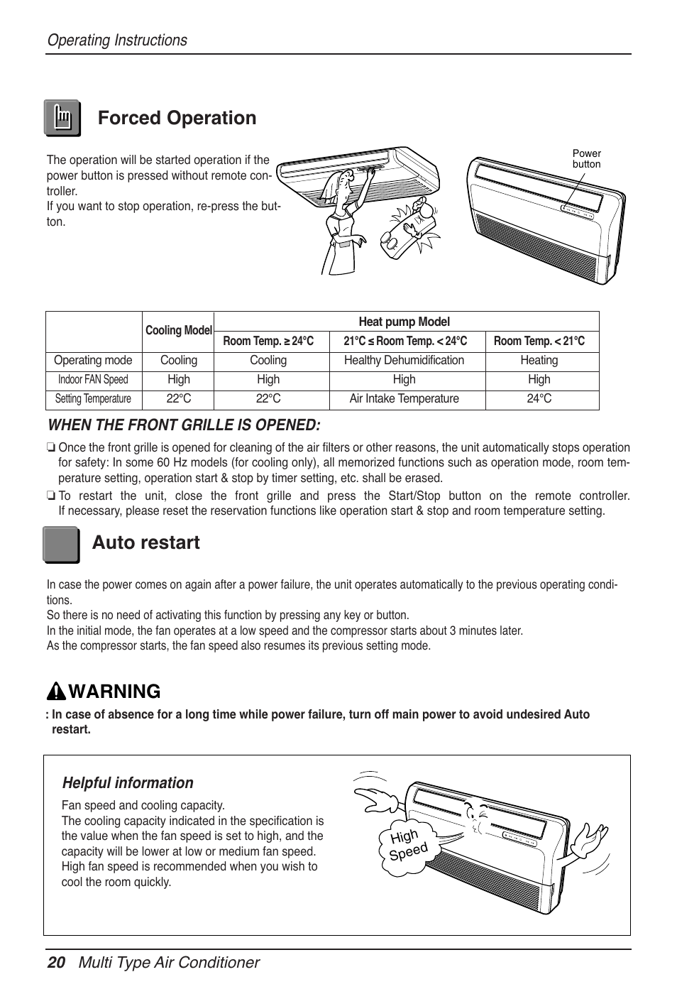 Forced operation auto restart, Warning, Operating instructions | LG MV12AH User Manual | Page 20 / 413