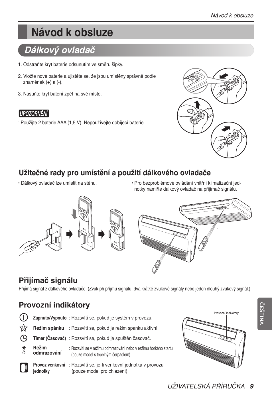 Návod k obsluze, Dálkový ovladač, Provozní indikátory | Upozornění | LG MV12AH User Manual | Page 205 / 413
