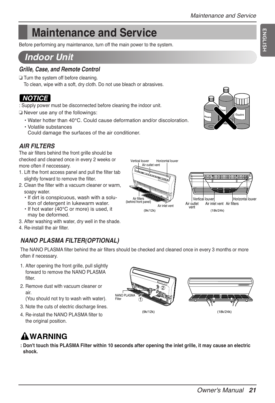 Maintenance and service, Indoor unit, Warning | Notice, Owner's manual 21, Grille, case, and remote control, Air filters, Nano plasma filter(optional) | LG MV12AH User Manual | Page 21 / 413