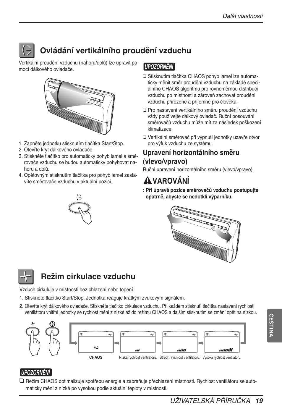 Ovládání vertikálního proudění vzduchu, Režim cirkulace vzduchu, Upravení horizontálního směru (vlevo/vpravo) | Upozornění, Uživatelská příručka 19 | LG MV12AH User Manual | Page 215 / 413