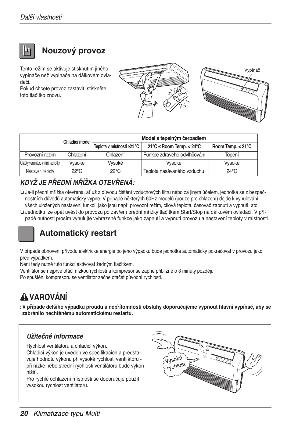 Nouzový provoz automatický restart, Další vlastnosti, 20 klimatizace typu multi | Když je přední mřížka otevřená, Užitečné informace | LG MV12AH User Manual | Page 216 / 413