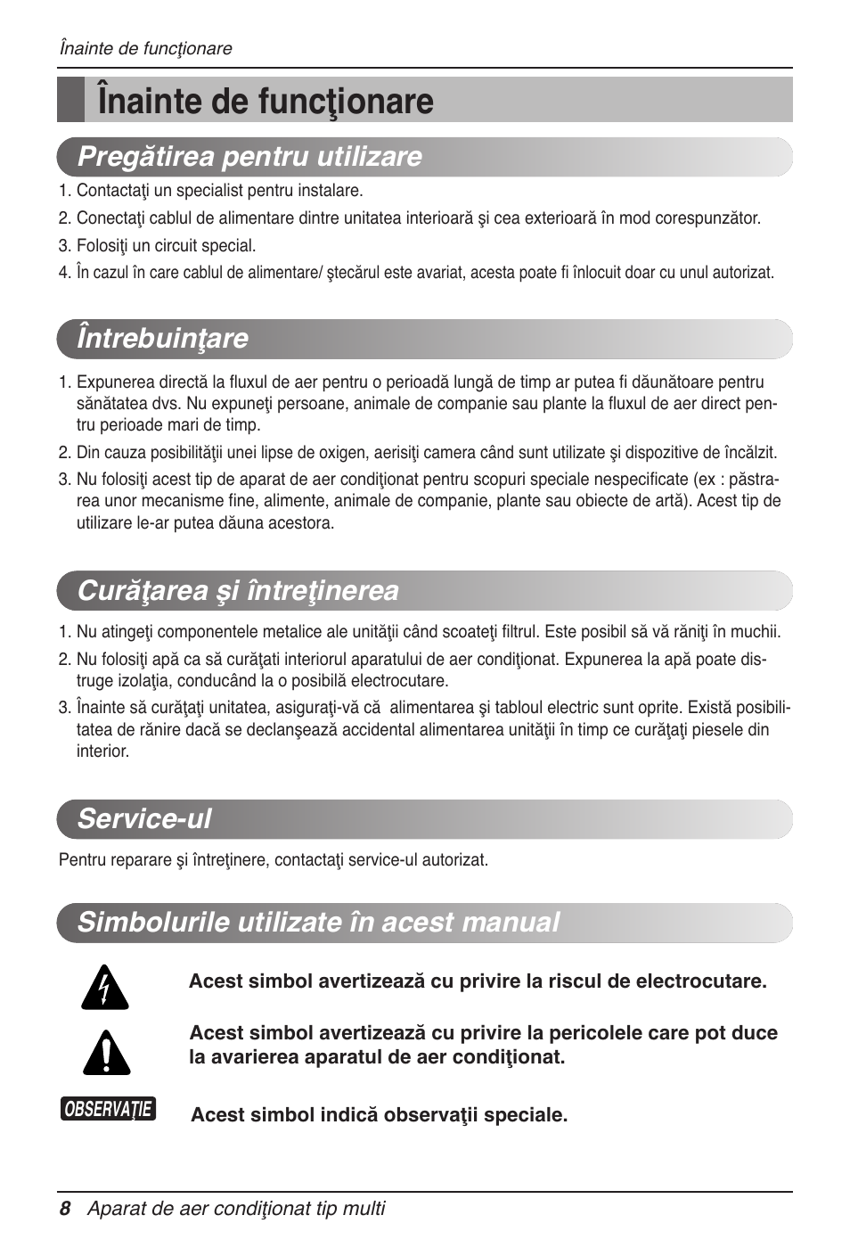Înainte de funcţionare | LG MV12AH User Manual | Page 228 / 413