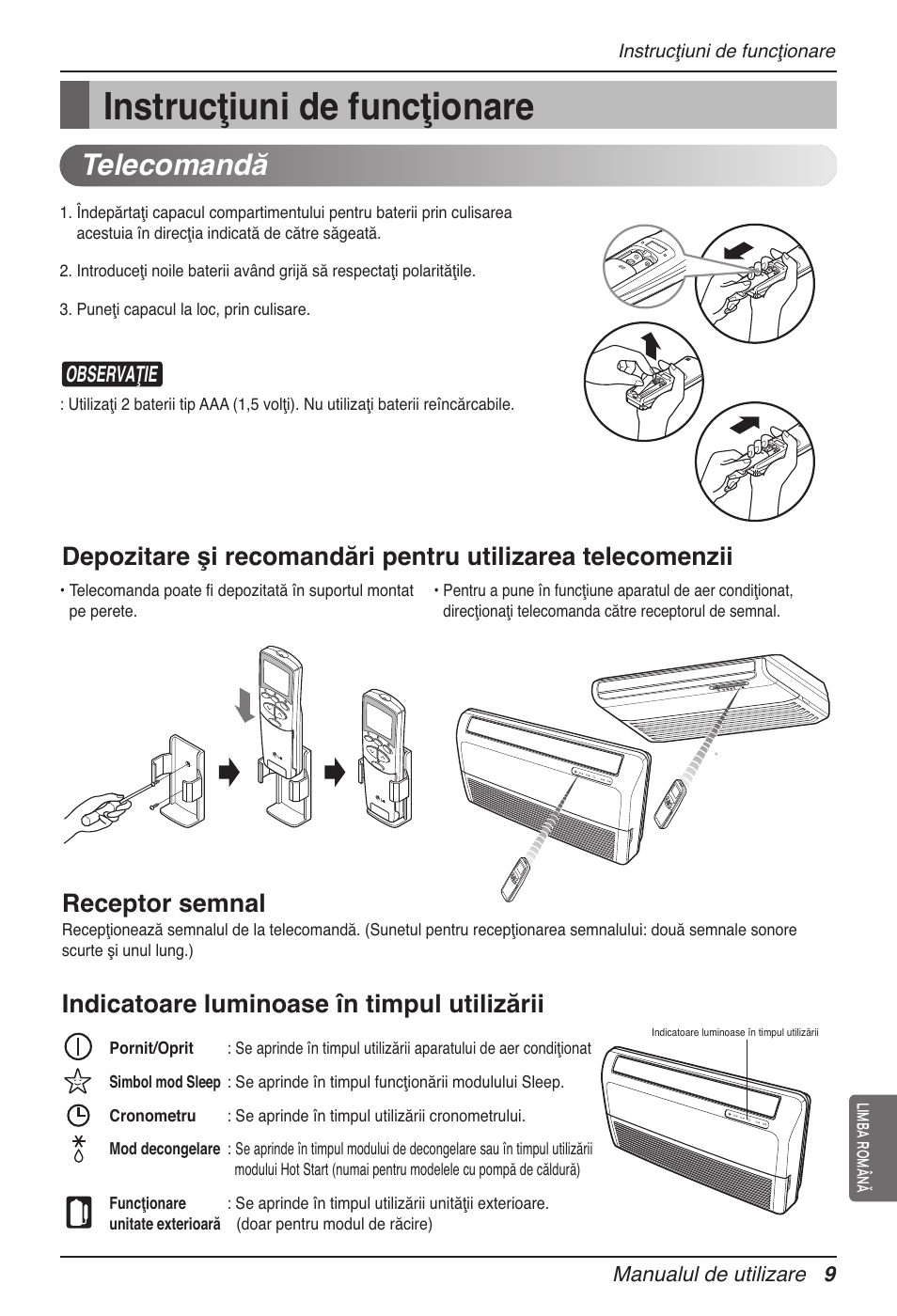 Instrucţiuni de funcţionare, Telecomandă, Indicatoare luminoase în timpul utilizării | Observaţie | LG MV12AH User Manual | Page 229 / 413