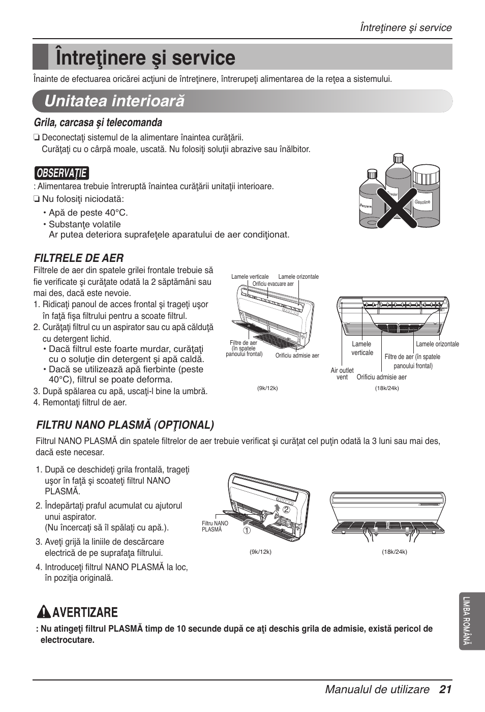 Unitatea interioară, Observaţie, Manualul de utilizare 21 | Grila, carcasa şi telecomanda, Filtrele de aer, Filtru nano plasmă (opţional), Întreţinere şi service | LG MV12AH User Manual | Page 241 / 413