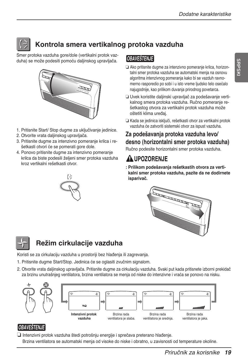 Kontrola smera vertikalnog protoka vazduha, Režim cirkulacije vazduha, Obaveštenje | Priručnik za korisnike 19 | LG MV12AH User Manual | Page 287 / 413
