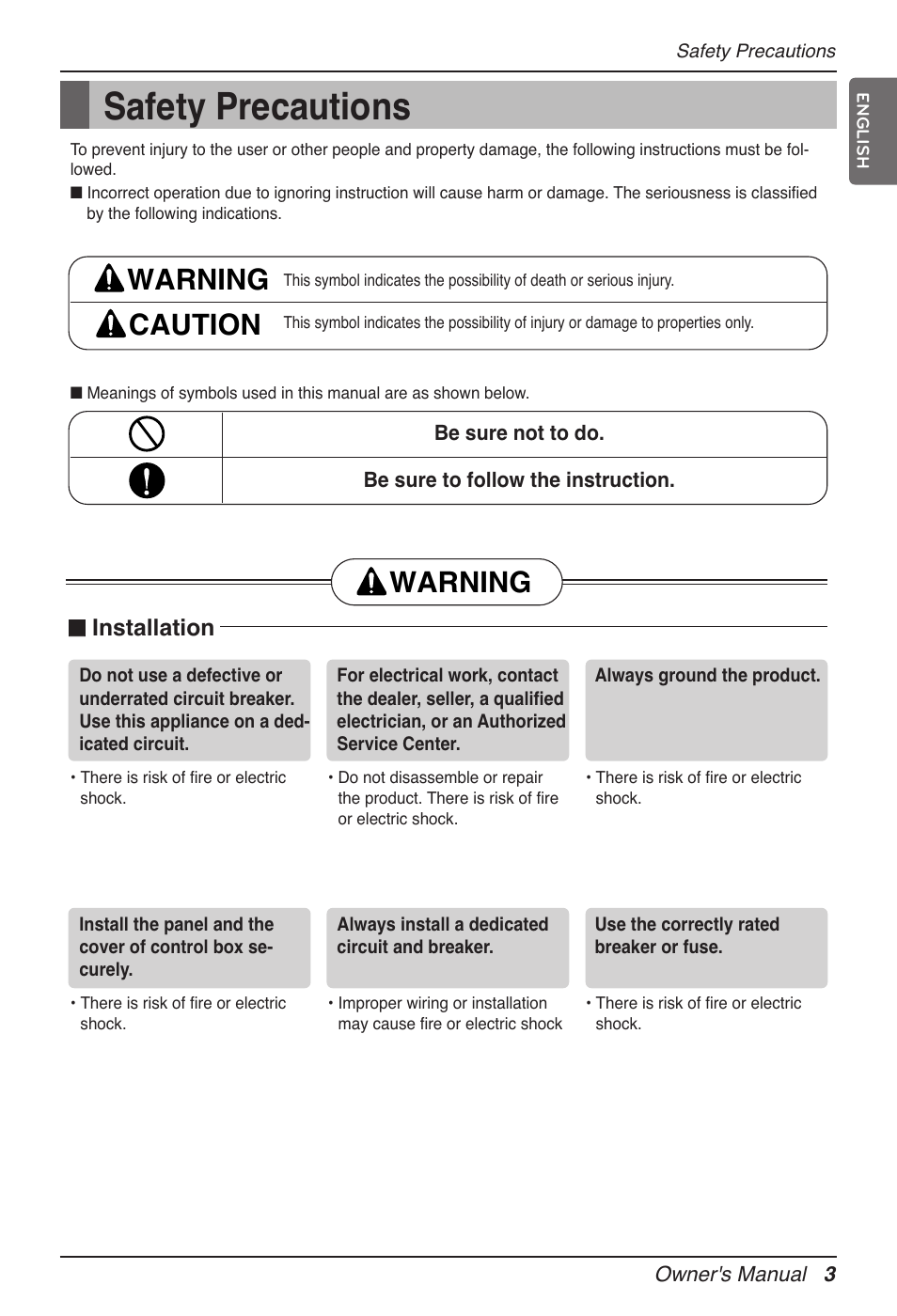 Safety precautions, Warning caution, Warning | N installation | LG MV12AH User Manual | Page 3 / 413