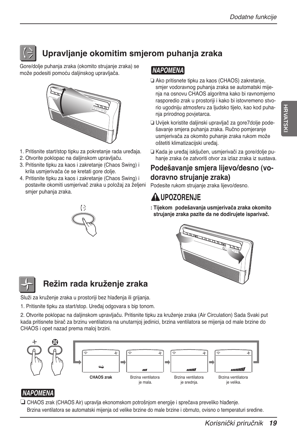 Upravljanje okomitim smjerom puhanja zraka, Upozorenje, Režim rada kruženje zraka | Napomena, Korisnički priručnik 19 | LG MV12AH User Manual | Page 311 / 413