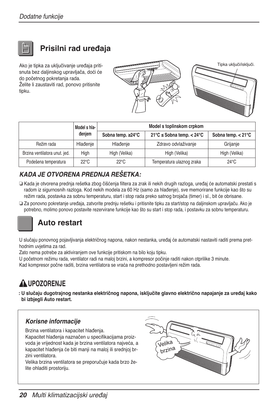 Prisilni rad uređaja auto restart, Upozorenje, Dodatne funkcije | 20 multi klimatizacijski uređaj, Kada je otvorena prednja rešetka, Korisne informacije | LG MV12AH User Manual | Page 312 / 413