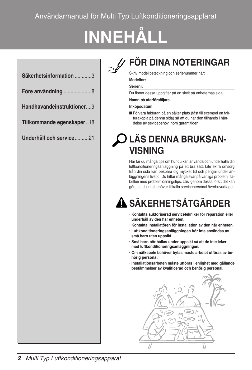Innehåll, Läs denna bruksan- visning, Säkerhetsåtgärder | LG MV12AH User Manual | Page 318 / 413
