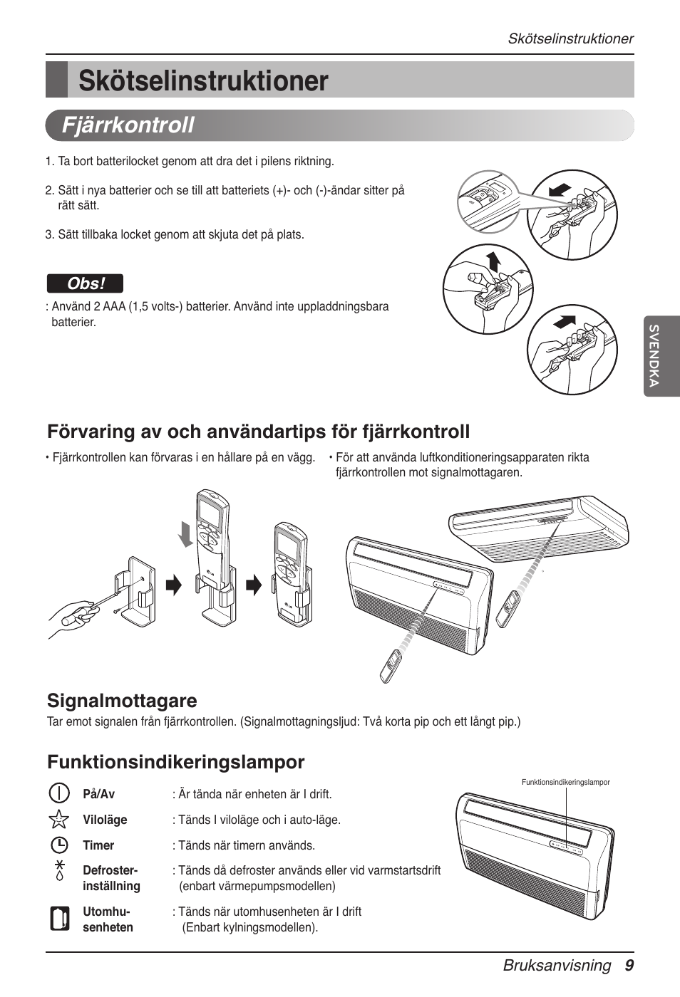 Skötselinstruktioner, Fjärrkontroll, Funktionsindikeringslampor | LG MV12AH User Manual | Page 325 / 413