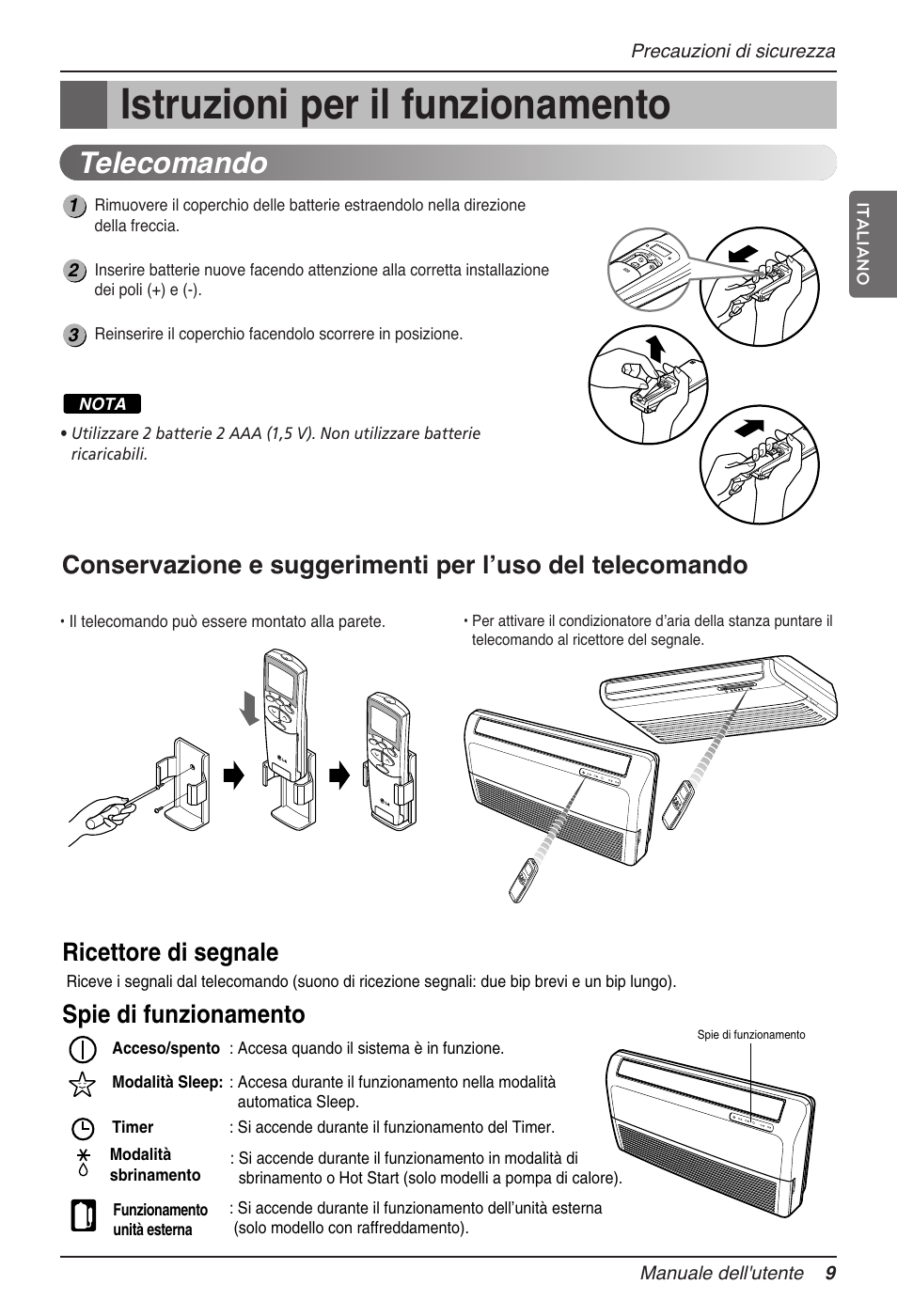 Istruzioni per il funzionamento, Telecomando, Ricettore di segnale | Spie di funzionamento | LG MV12AH User Manual | Page 33 / 413