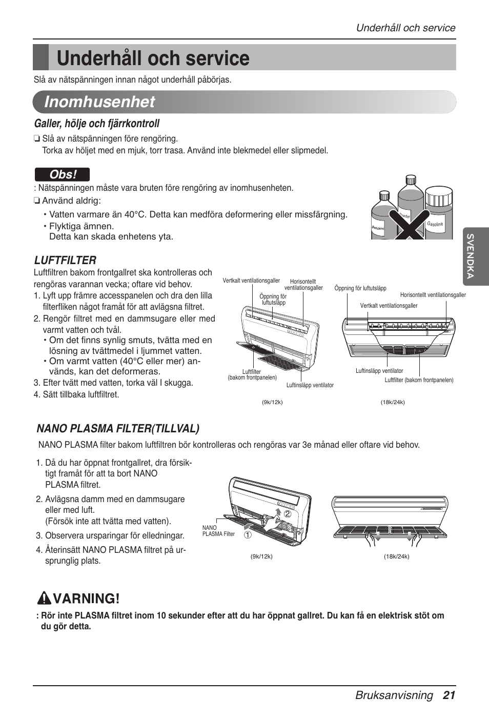 Inomhusenhet, Bruksanvisning 21, Galler, hölje och fjärrkontroll | Luftfilter, Nano plasma filter(tillval), Underhåll och service | LG MV12AH User Manual | Page 337 / 413