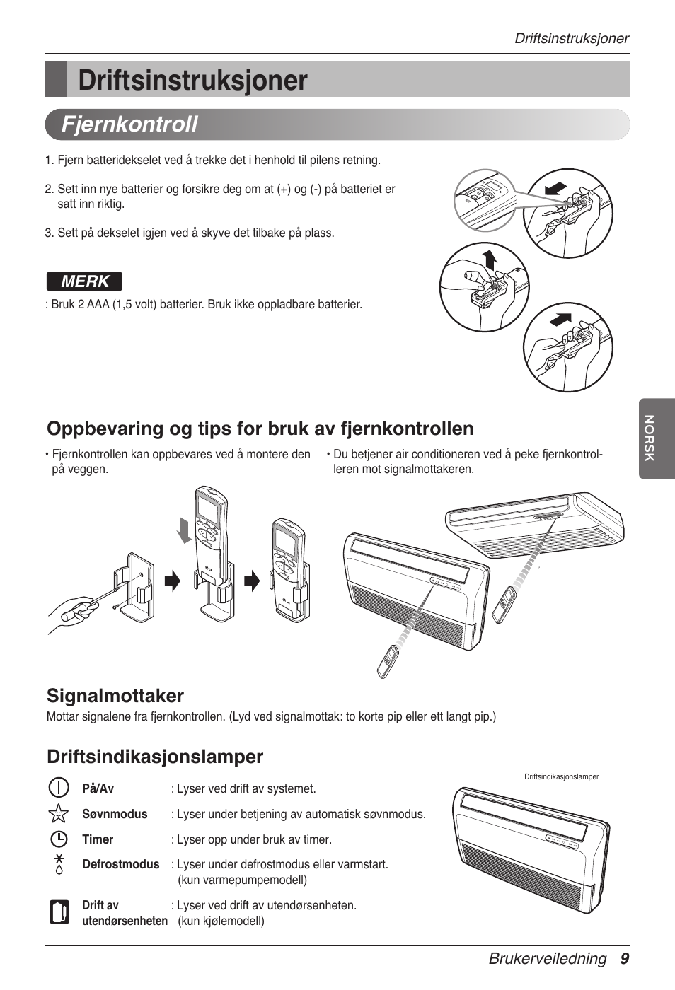 Driftsinstruksjoner, Fjernkontroll, Driftsindikasjonslamper | Merk | LG MV12AH User Manual | Page 349 / 413