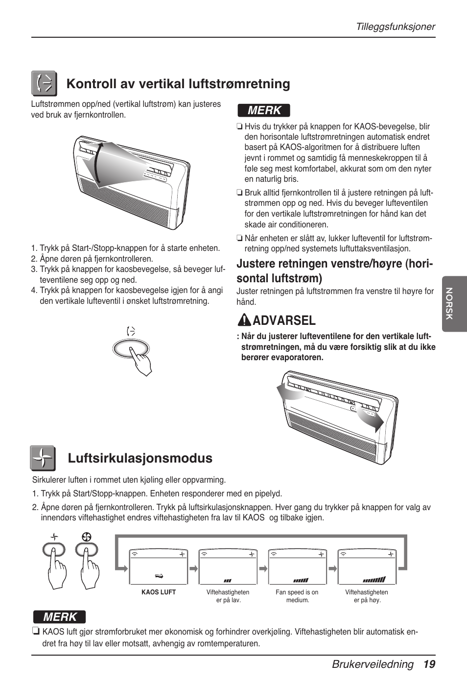 Kontroll av vertikal luftstrømretning, Advarsel, Luftsirkulasjonsmodus | Merk, Brukerveiledning 19 | LG MV12AH User Manual | Page 359 / 413