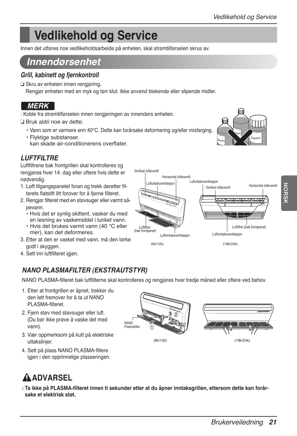 Vedlikehold og service, Innendørsenhet, Advarsel | Merk, Brukerveiledning 21, Grill, kabinett og fjernkontroll, Luftfiltre, Nano plasmafilter (ekstrautstyr) | LG MV12AH User Manual | Page 361 / 413