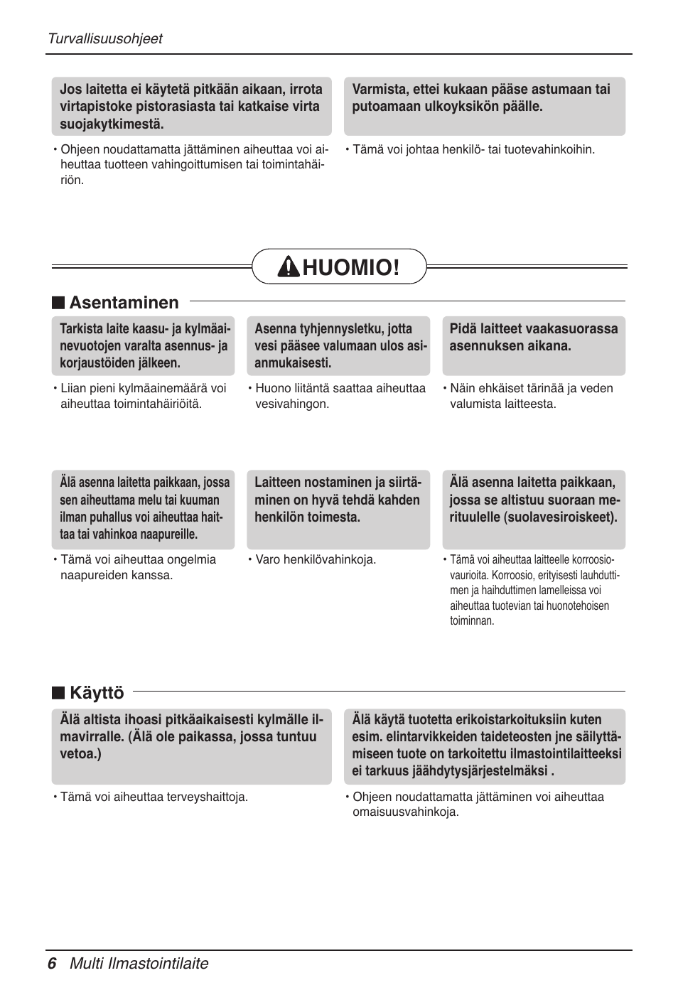 Huomio, N asentaminen, N käyttö | LG MV12AH User Manual | Page 370 / 413