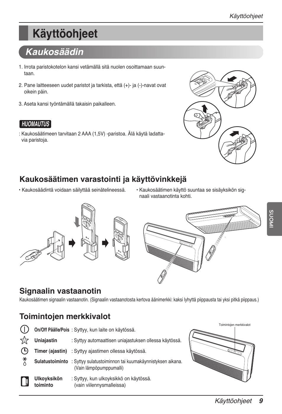 Käyttöohjeet, Kaukosäädin, Toimintojen merkkivalot | Huomautus | LG MV12AH User Manual | Page 373 / 413