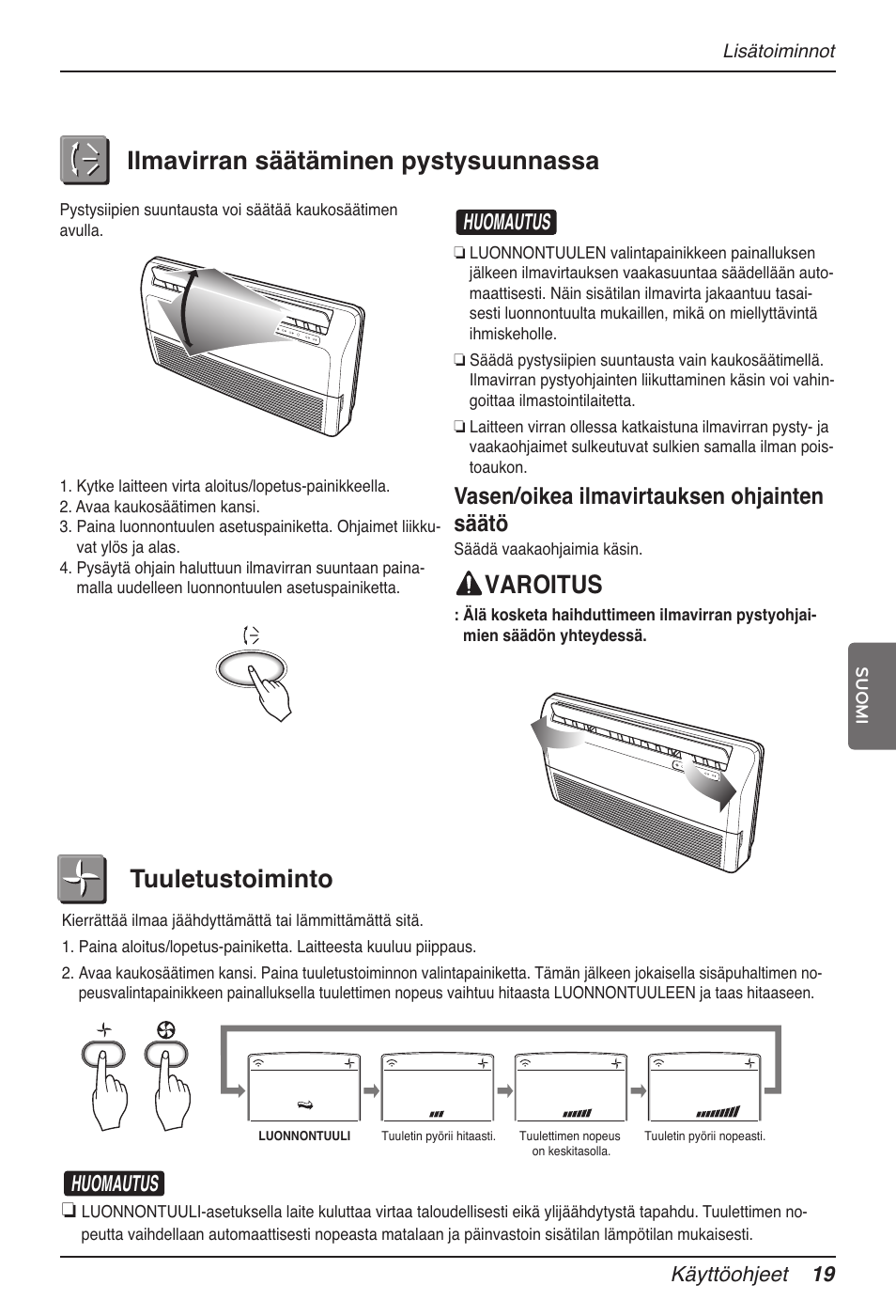 Ilmavirran säätäminen pystysuunnassa, Varoitus, Tuuletustoiminto | Vasen/oikea ilmavirtauksen ohjainten säätö, Huomautus, Käyttöohjeet 19 | LG MV12AH User Manual | Page 383 / 413