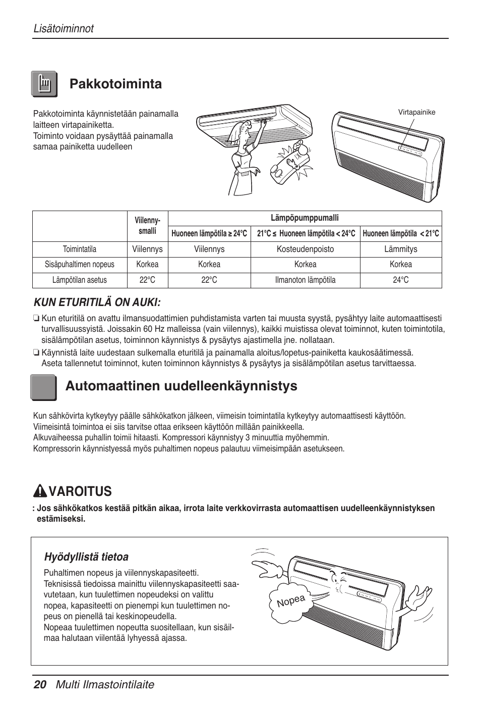 Pakkotoiminta automaattinen uudelleenkäynnistys, Varoitus, Lisätoiminnot | 20 multi ilmastointilaite, Kun eturitilä on auki, Hyödyllistä tietoa | LG MV12AH User Manual | Page 384 / 413