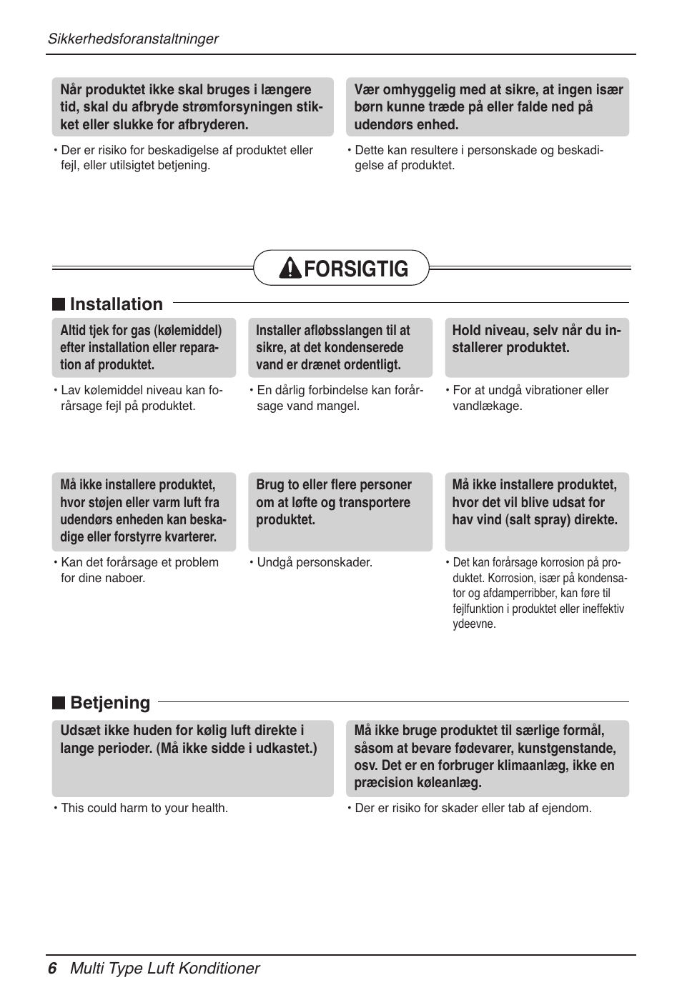 Forsigtig, N installation, N betjening | LG MV12AH User Manual | Page 394 / 413