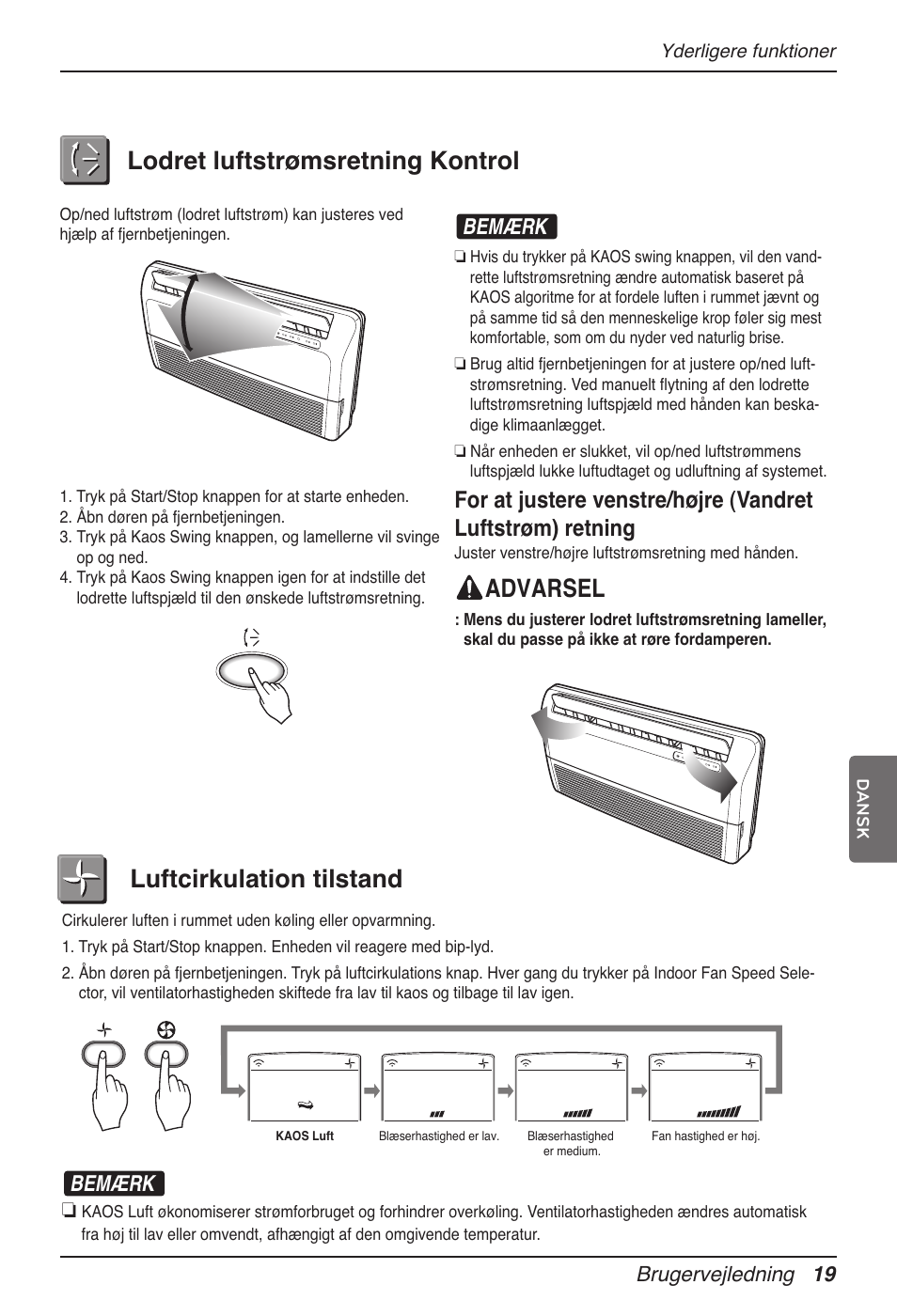 Lodret luftstrømsretning kontrol, Advarsel, Luftcirkulation tilstand | Bemærk, Brugervejledning 19 | LG MV12AH User Manual | Page 407 / 413
