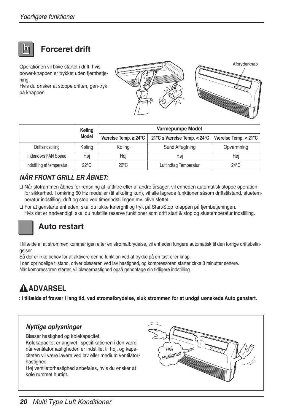 Forceret drift auto restart, Advarsel, Yderligere funktioner | 20 multi type luft konditioner, Når front grill er åbnet, Nyttige oplysninger | LG MV12AH User Manual | Page 408 / 413