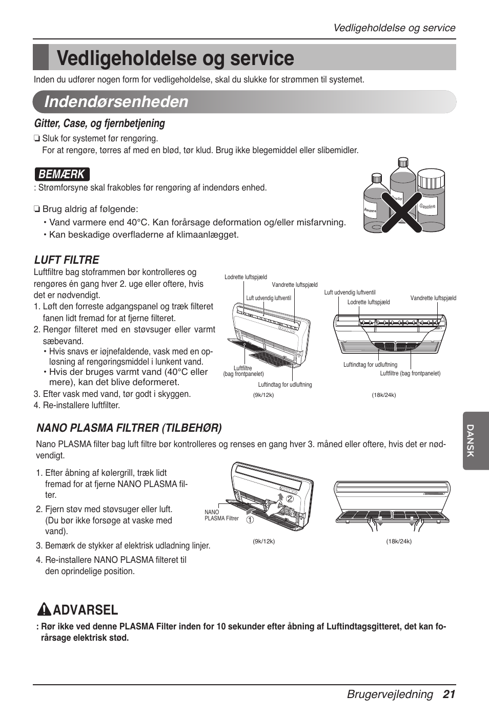 Vedligeholdelse og service, Indendørsenheden, Advarsel | Bemærk, Brugervejledning 21, Gitter, case, og fjernbetjening, Luft filtre, Nano plasma filtrer (tilbehør) | LG MV12AH User Manual | Page 409 / 413