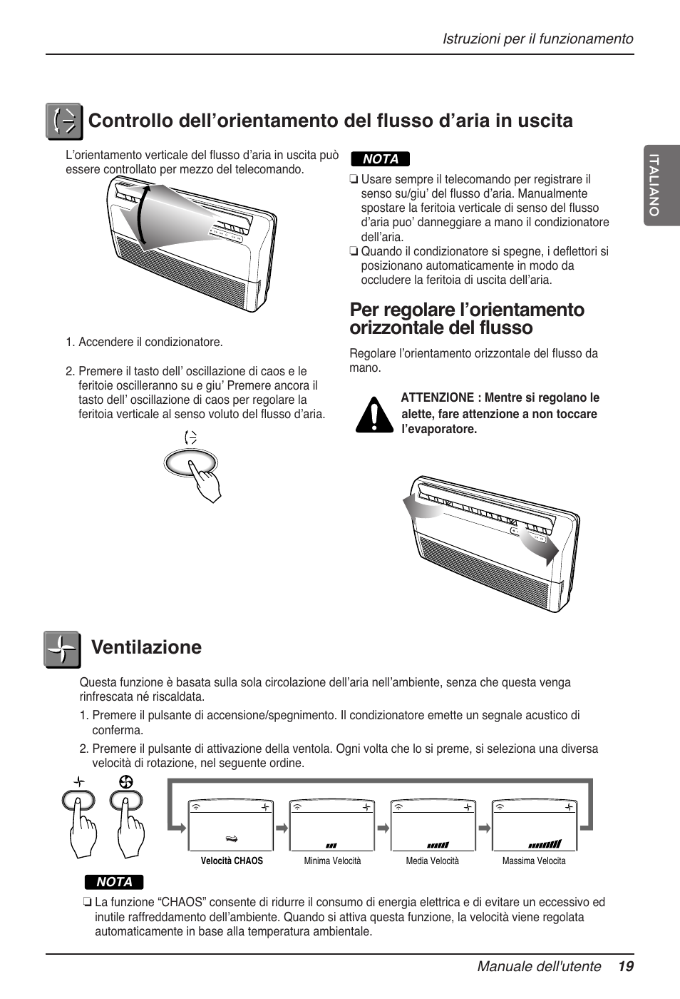 Ventilazione, Per regolare lʼorientamento orizzontale del flusso | LG MV12AH User Manual | Page 43 / 413