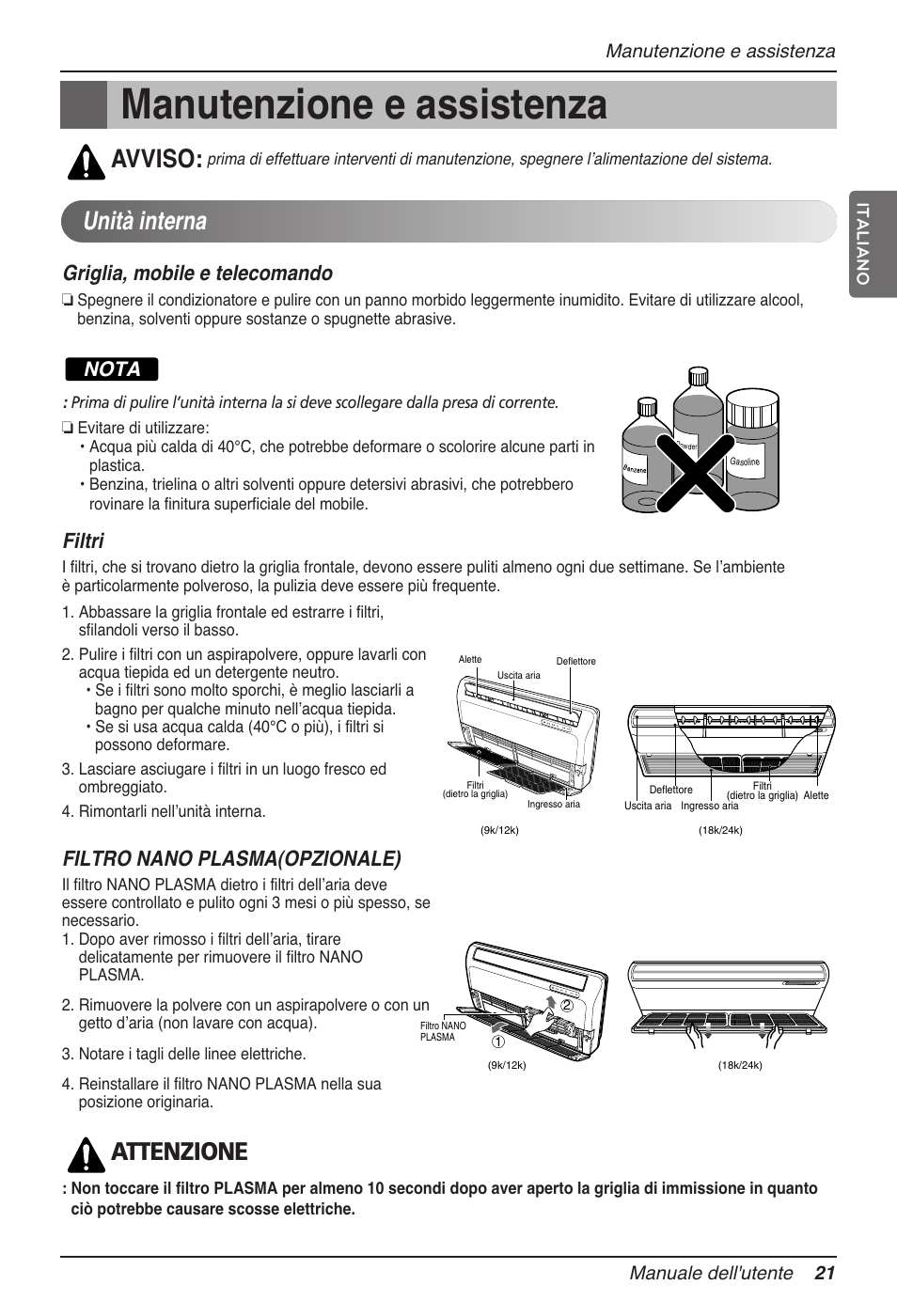 Manutenzione e assistenza, Unità interna, Avviso | Attenzione, Filtri, Filtro nano plasma(opzionale), Griglia, mobile e telecomando, Nota, Manutenzione e assistenza manuale dell'utente 21 | LG MV12AH User Manual | Page 45 / 413