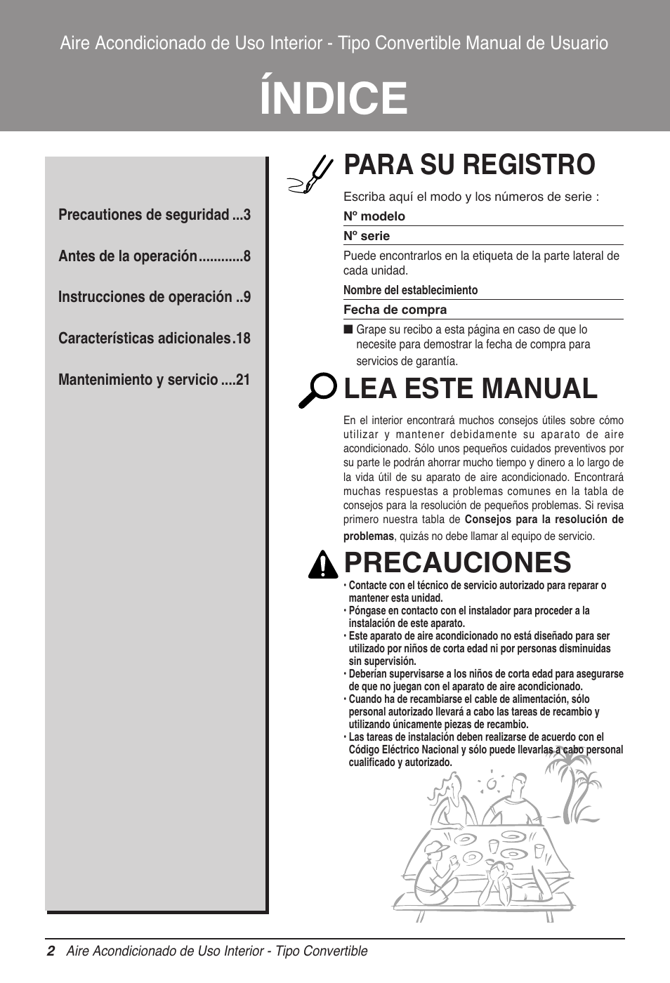 Índice, Para su registro, Lea este manual | Precauciones | LG MV12AH User Manual | Page 50 / 413