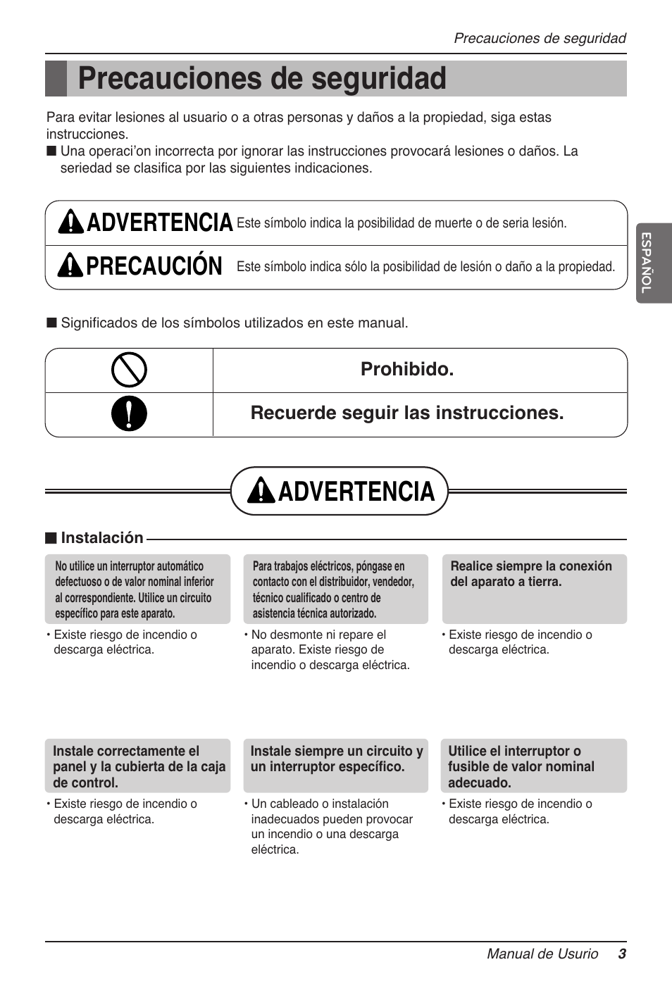 Precauciones de seguridad, Advertencia, Advertencia precaución | Prohibido. recuerde seguir las instrucciones | LG MV12AH User Manual | Page 51 / 413
