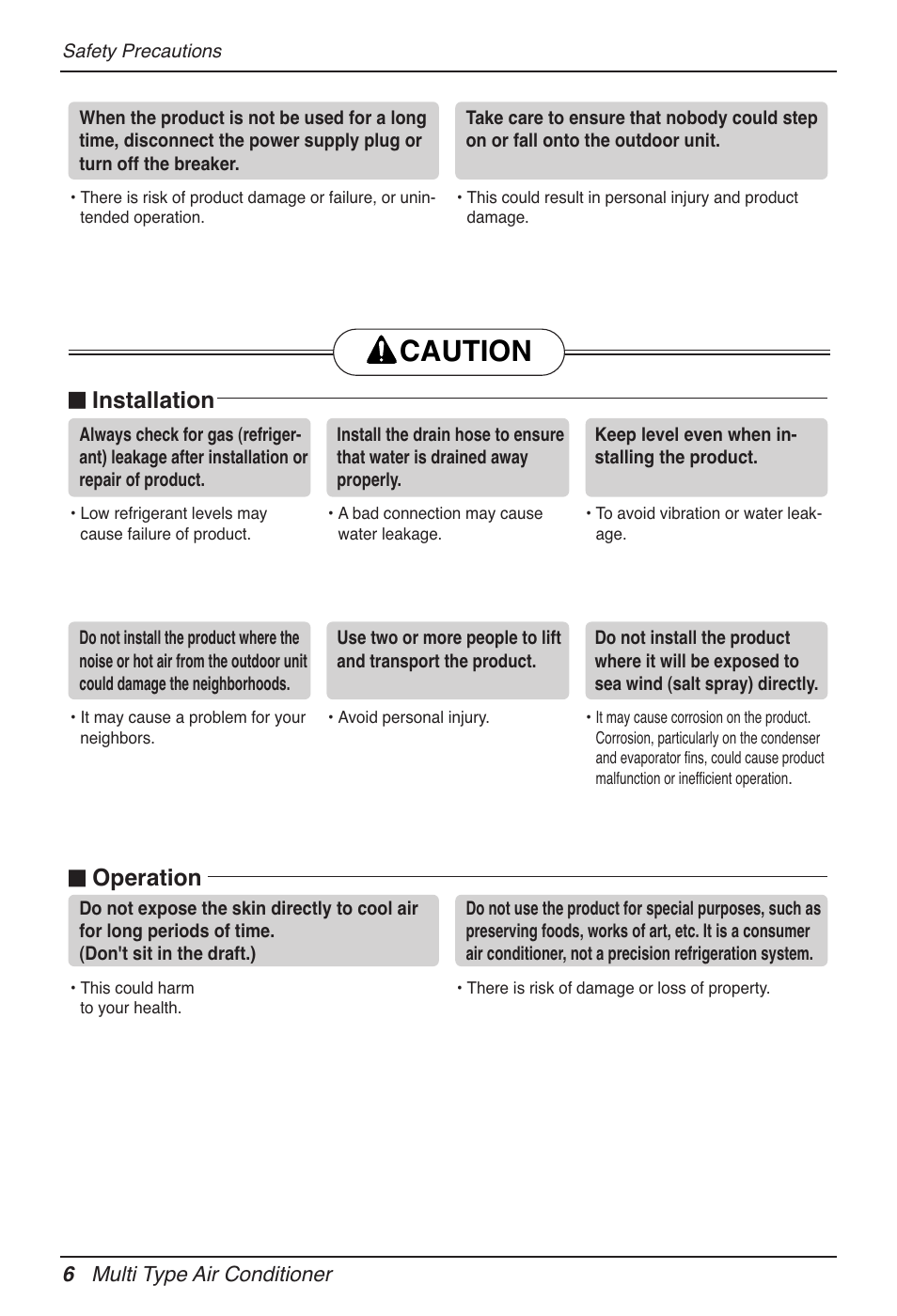 Caution, N installation, N operation | LG MV12AH User Manual | Page 6 / 413