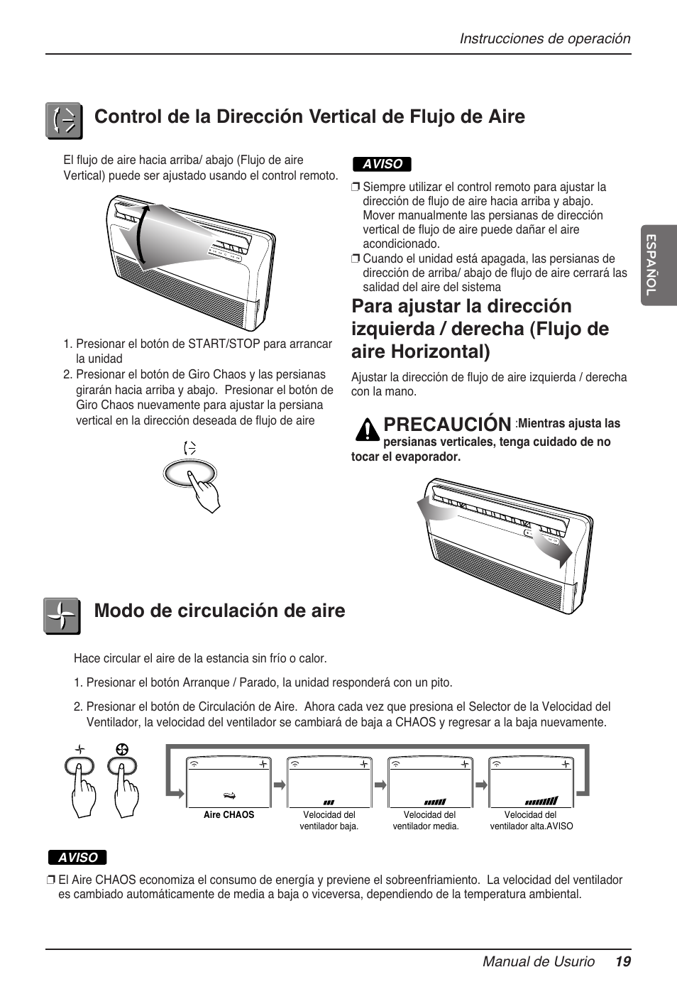 Modo de circulación de aire, Precaución, Control de la dirección vertical de flujo de aire | LG MV12AH User Manual | Page 67 / 413