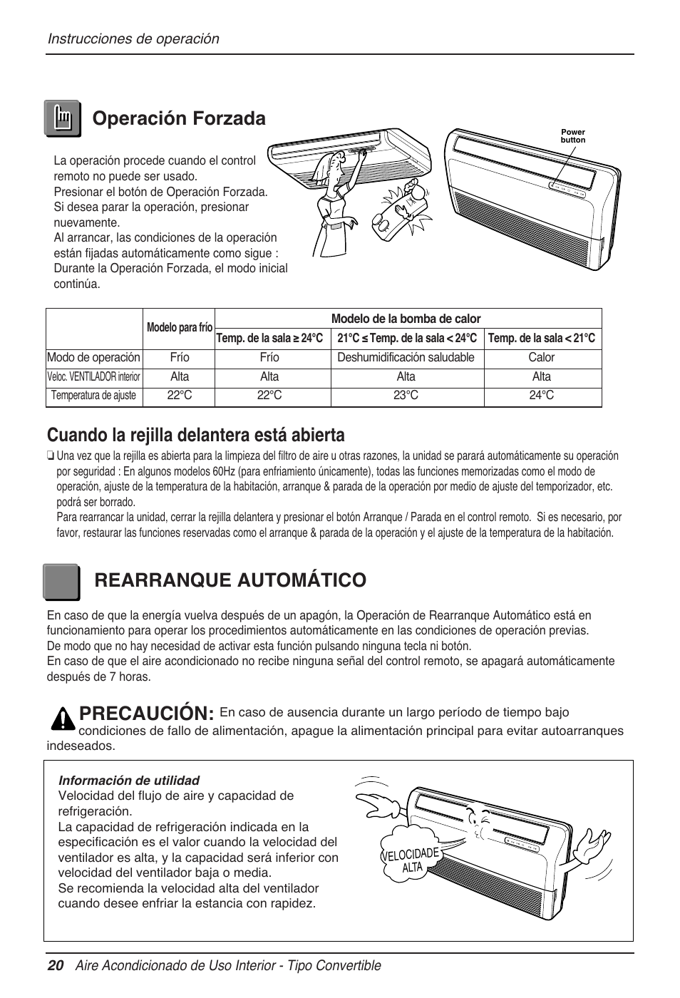 Cuando la rejilla delantera está abierta, Operación forzada rearranque automático, Precaución | LG MV12AH User Manual | Page 68 / 413