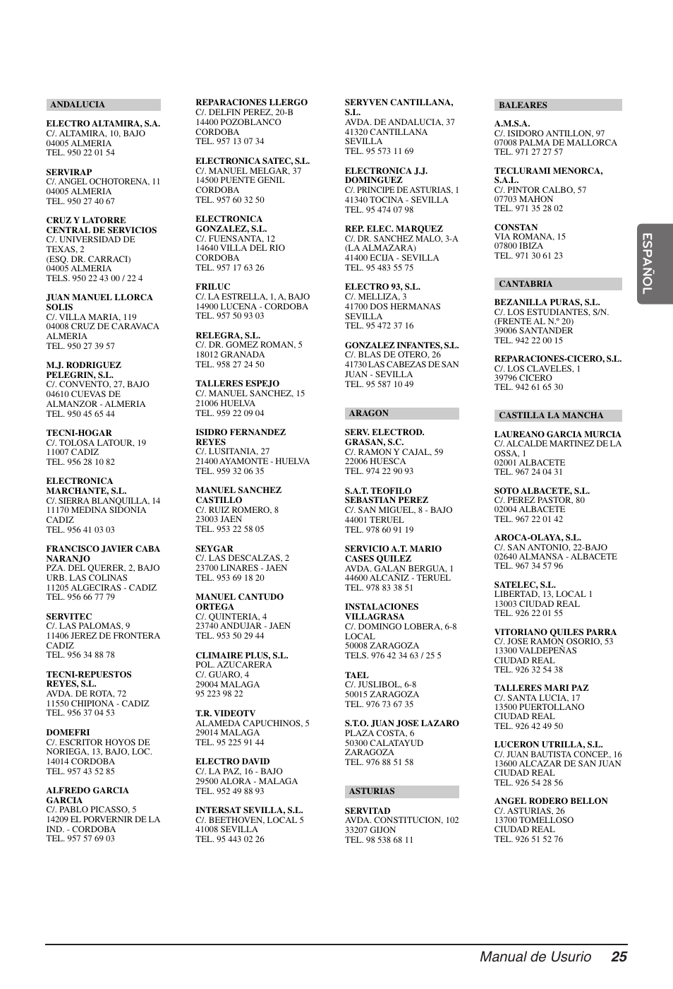 Manual de usurio 25, Español | LG MV12AH User Manual | Page 73 / 413