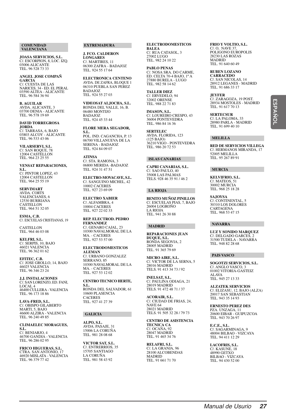 Manual de usurio 27, Español | LG MV12AH User Manual | Page 75 / 413