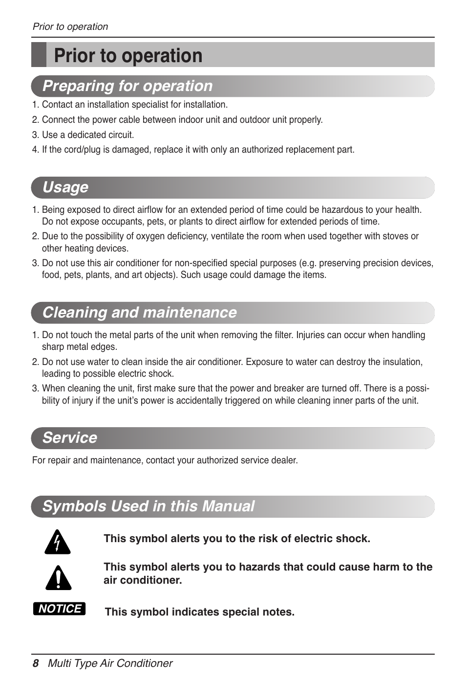 Prior to operation | LG MV12AH User Manual | Page 8 / 413