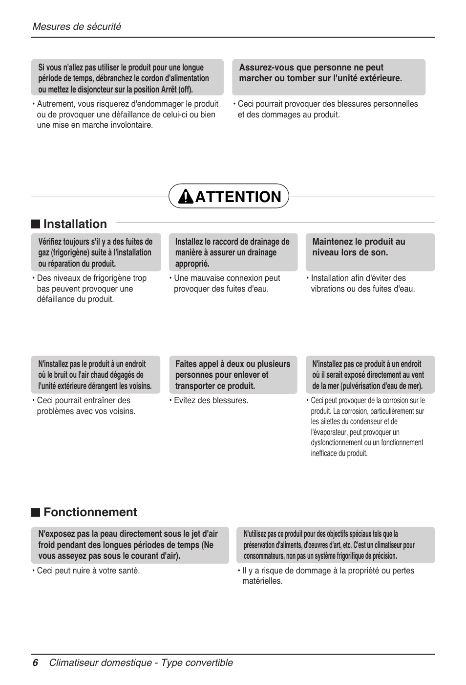 Attention, N installation, N fonctionnement | LG MV12AH User Manual | Page 82 / 413