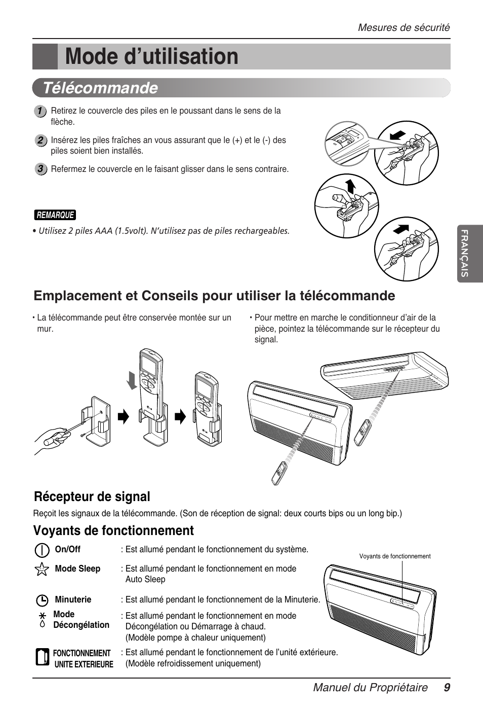 Mode dʼutilisation, Télécommande, Récepteur de signal | Voyants de fonctionnement | LG MV12AH User Manual | Page 85 / 413