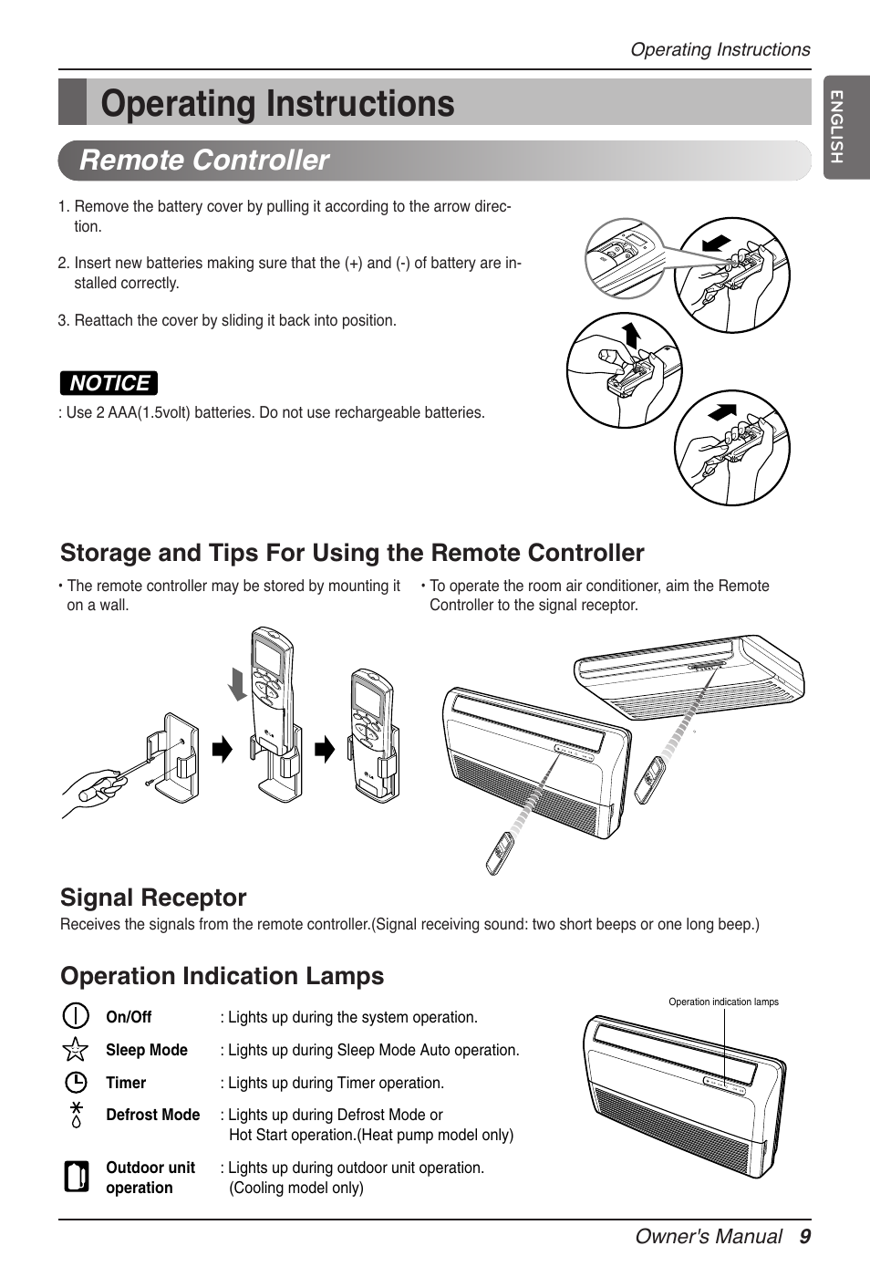 Operating instructions, Remote controller, Operation indication lamps | Notice | LG MV12AH User Manual | Page 9 / 413