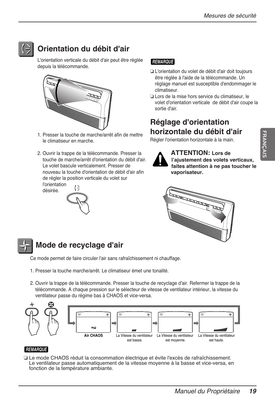 Mode de recyclage d'air, Réglage d'orientation horizontale du débit d'air, Orientation du débit d'air | Manuel du propriétaire 19, Attention | LG MV12AH User Manual | Page 95 / 413