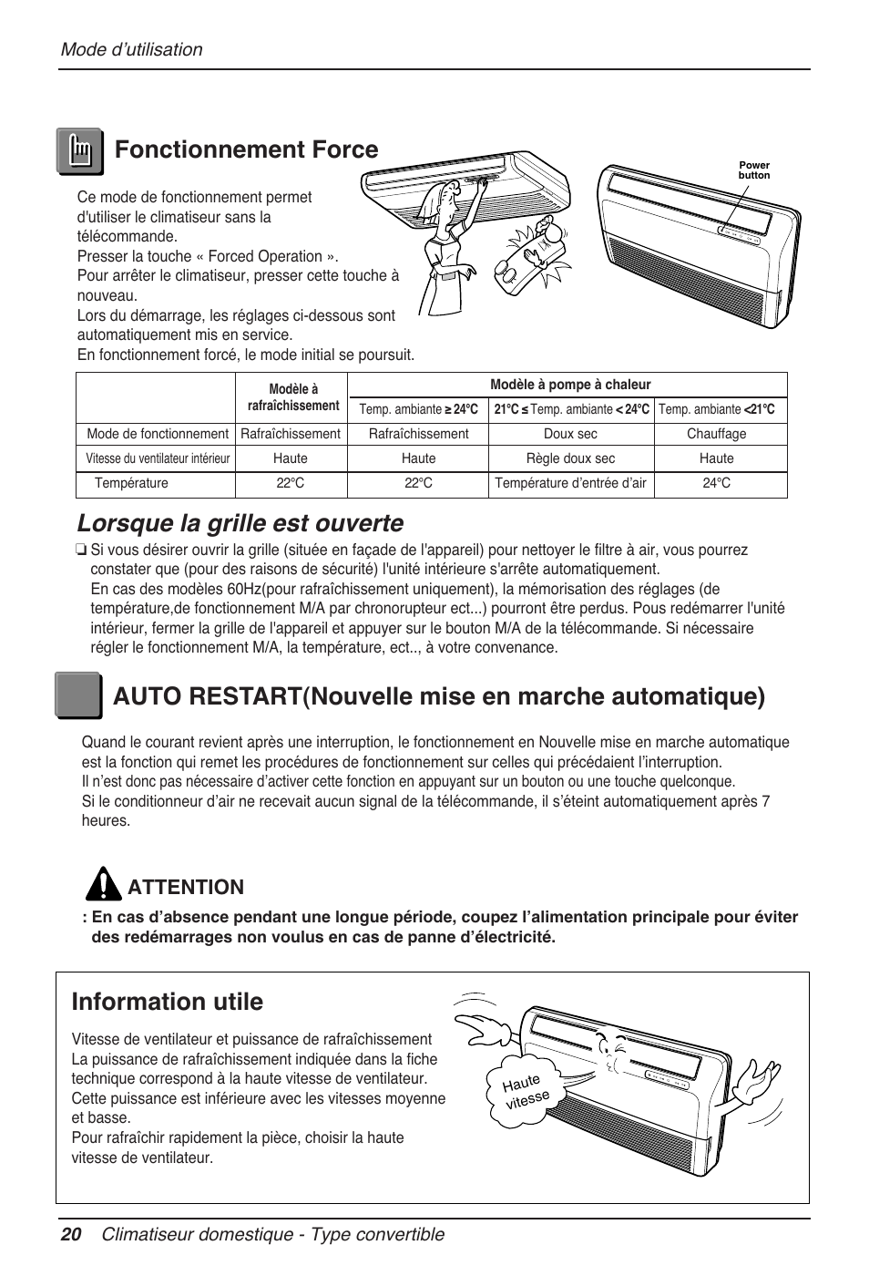 Information utile, Lorsque la grille est ouverte, Attention | LG MV12AH User Manual | Page 96 / 413