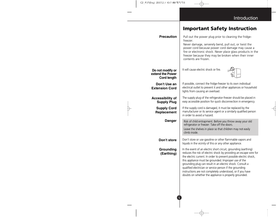 Important safety instruction, Introduction | LG GR-B359PQA User Manual | Page 4 / 87