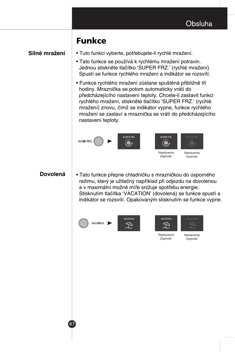 Funkce, Silné mražení dovolená | LG GR-B359PQA User Manual | Page 44 / 87