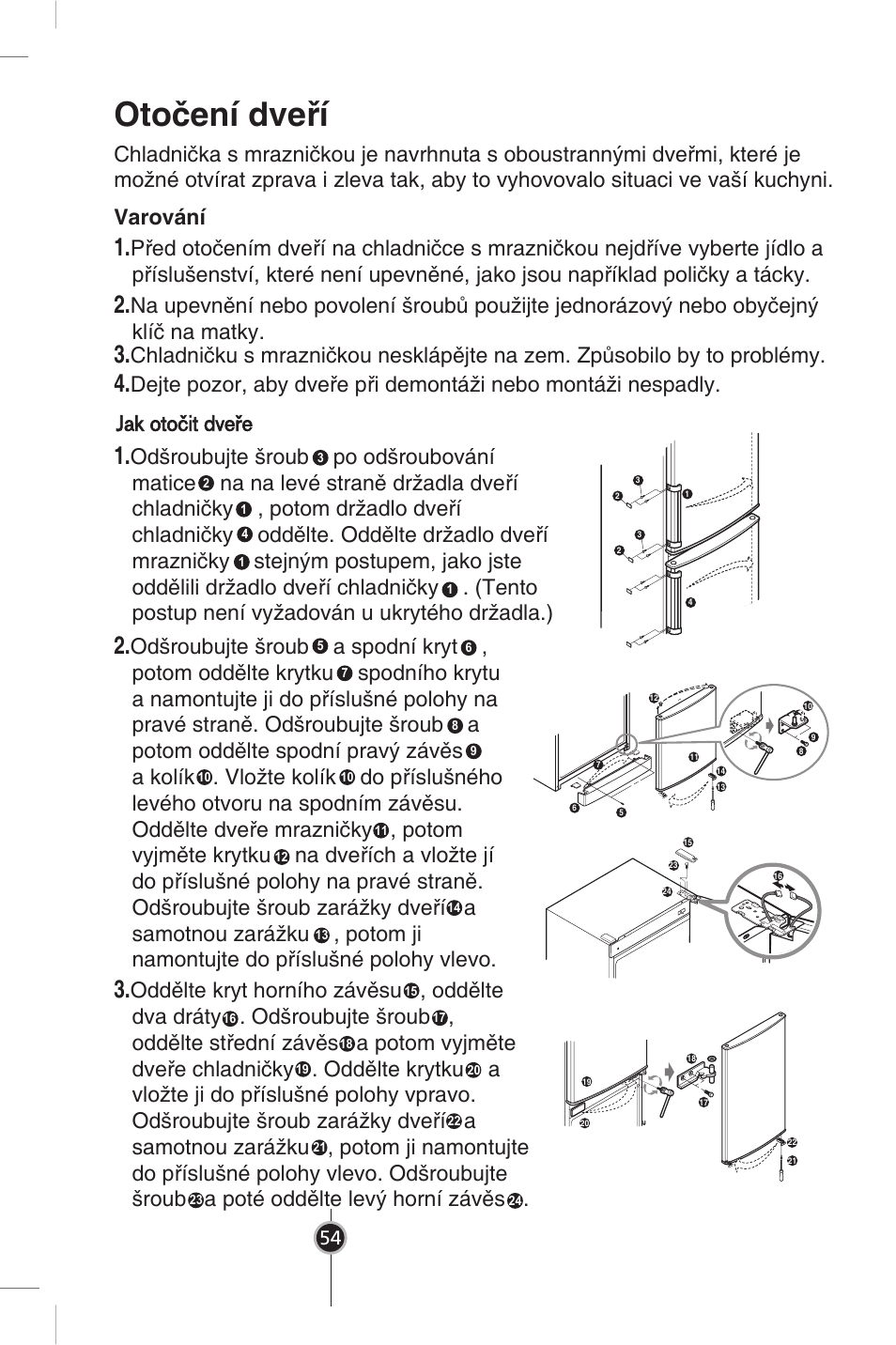 Otočení dveří, Varování | LG GR-B359PQA User Manual | Page 51 / 87