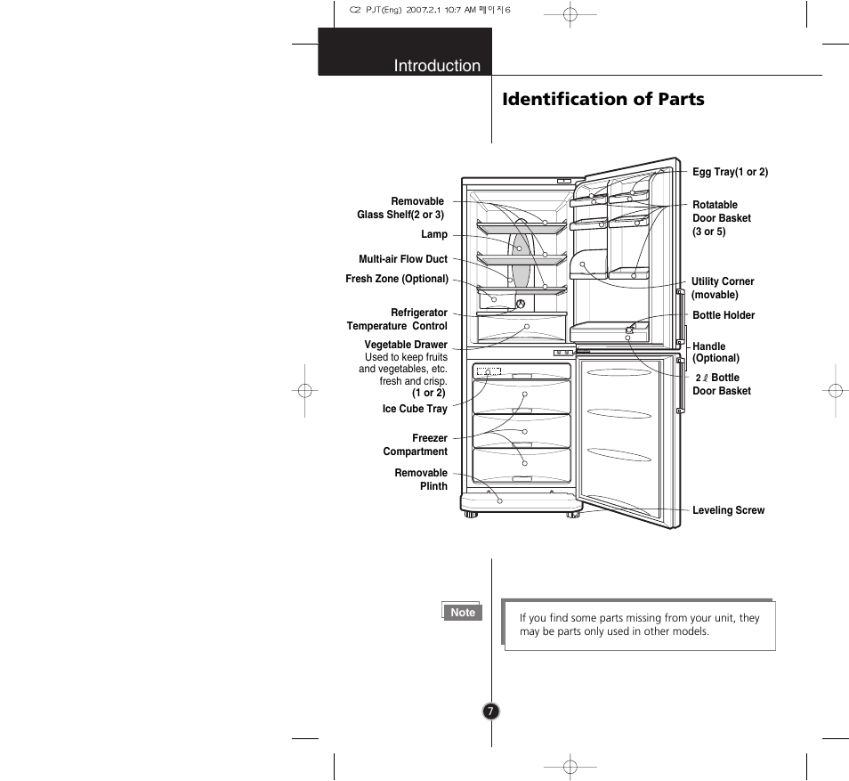 Identification of parts, Introduction | LG GR-B359PQA User Manual | Page 6 / 87