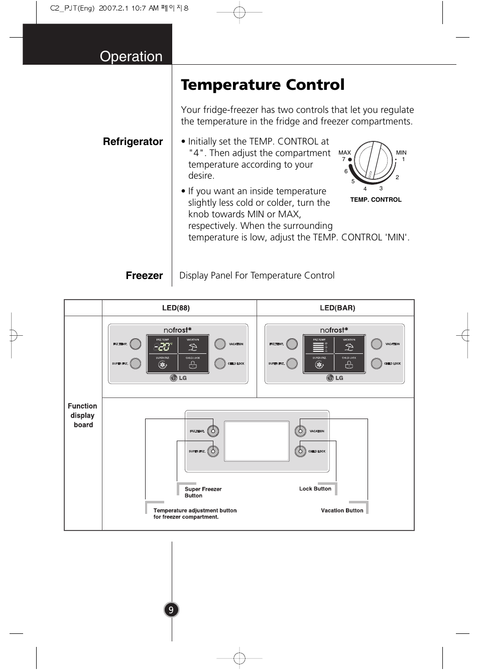 Temperature control, Operation, Refrigerator freezer | LG GR-B359PQA User Manual | Page 8 / 87