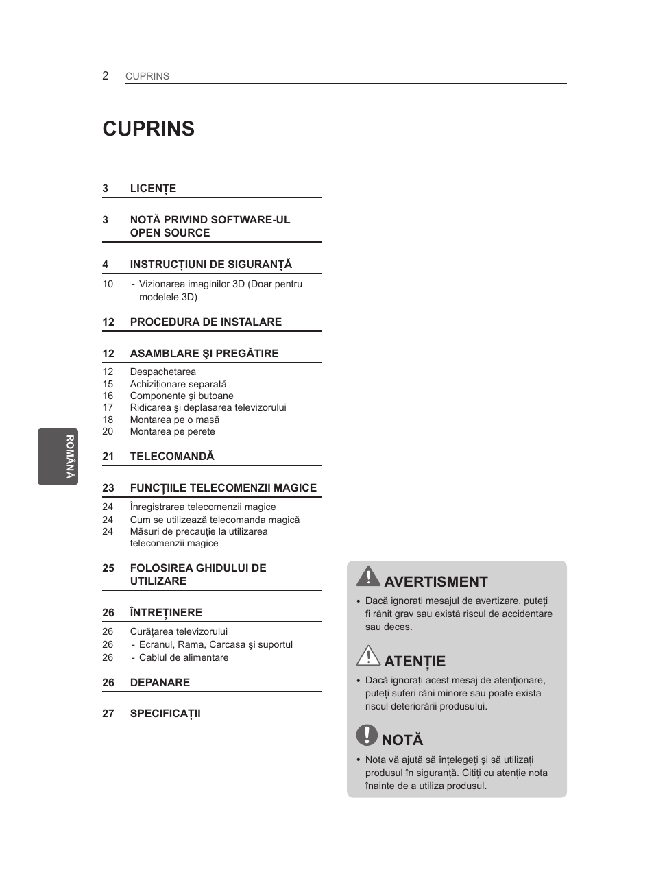 Cuprins, Avertisment, Atenţie | Notă | LG 42LM649S User Manual | Page 150 / 516