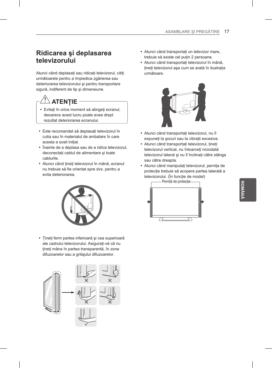 Ridicarea şi deplasarea televizorului, Atenţie | LG 42LM649S User Manual | Page 165 / 516